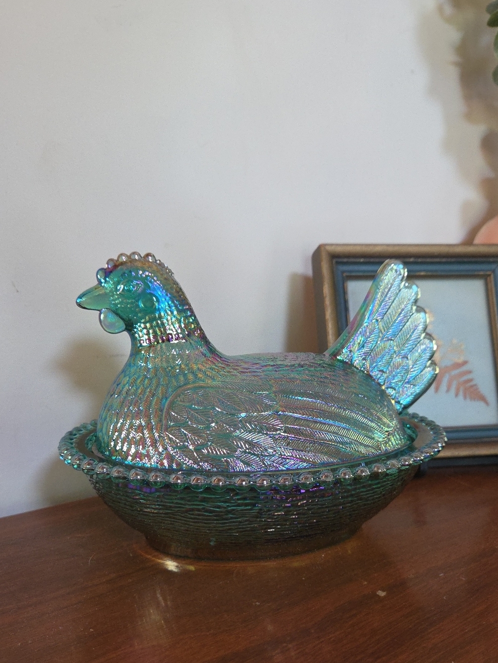 Hen On Nest Candy Box CARNIVAL Irridescent Evergreen Carnival Glass Excellent